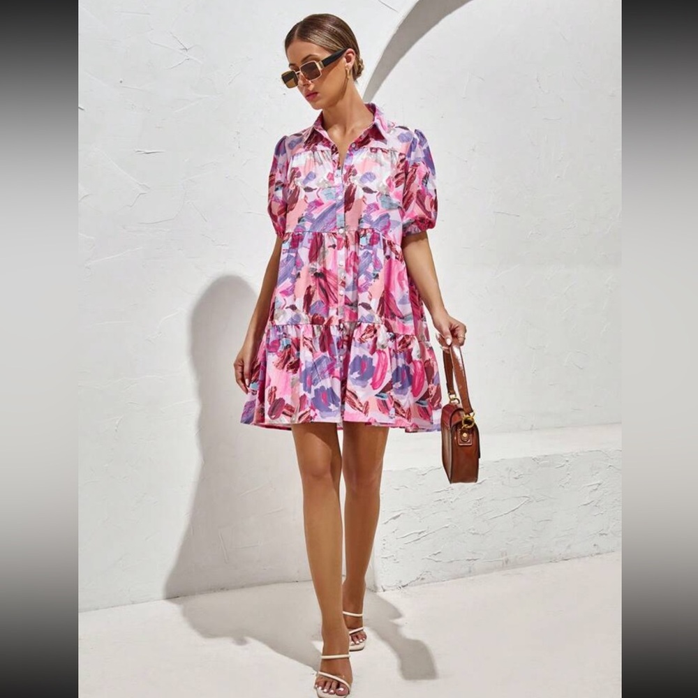 Vibrant Woman’s Button-Up Collar Spring Summer Abstract Floral Dress - Picture 4 of 12
